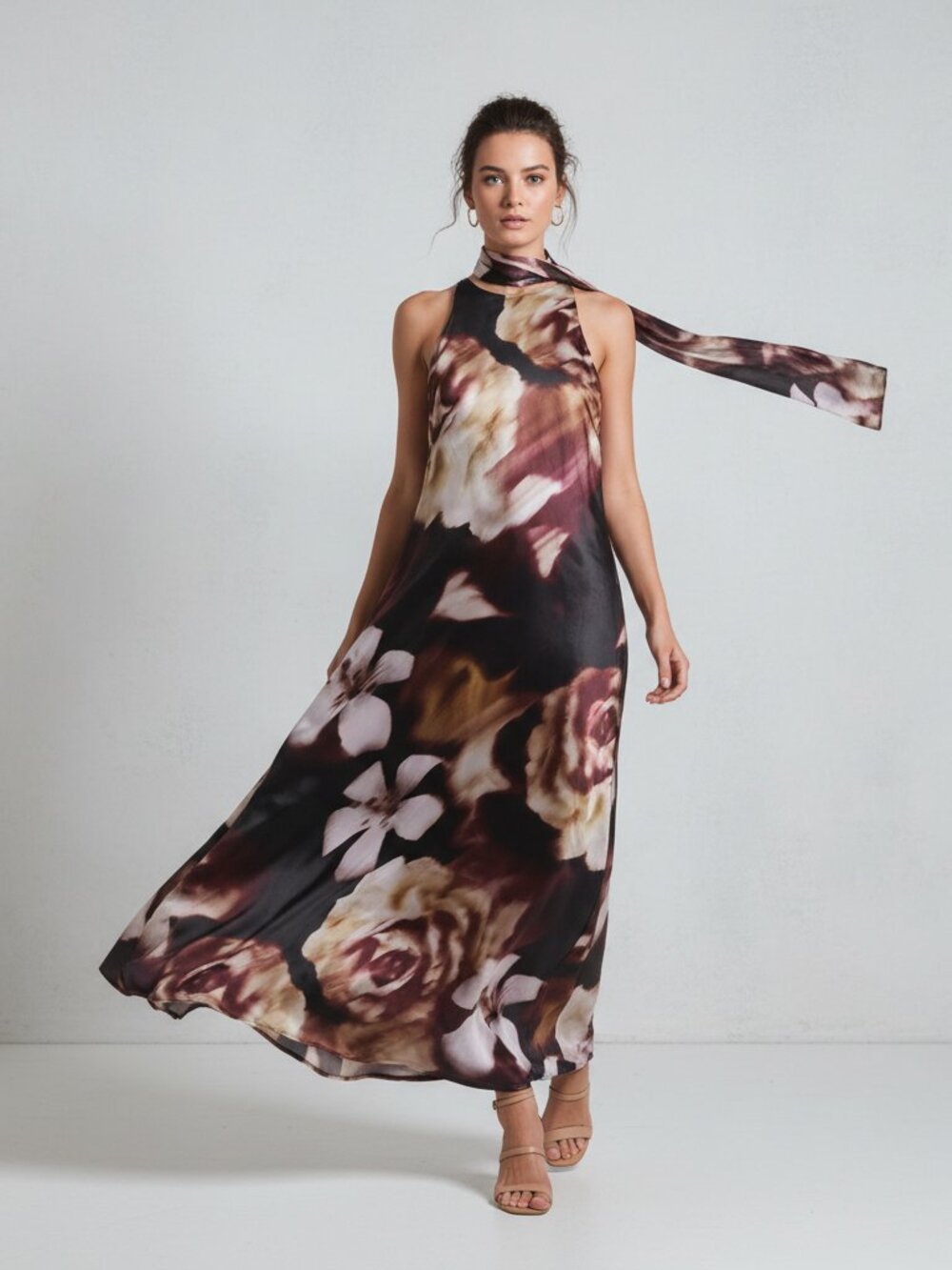 Steve Madden Jaidan Maxi Dress 6 Mesa Rose Floral Scarf Flowy Wedding Guest